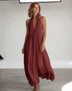 Aveline Maxi Dress by Lauven — lightweight sleeveless v neck halter loose maxi dress with pockets