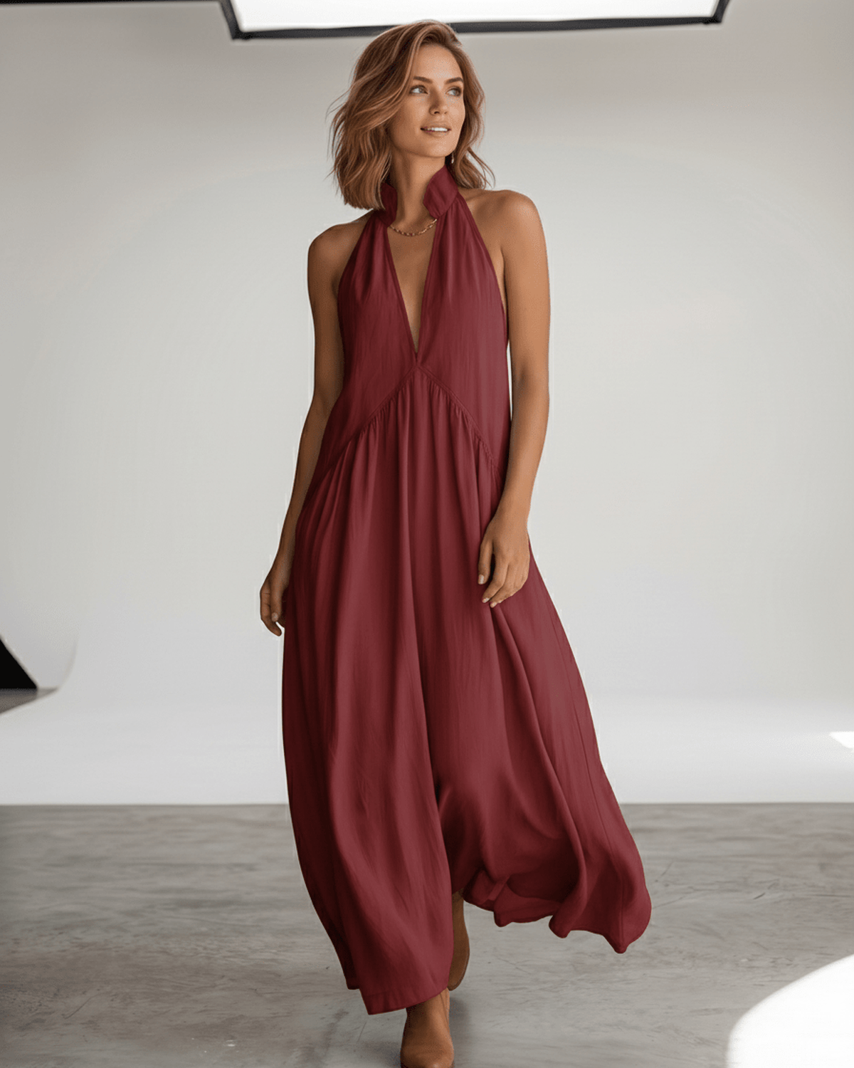 Aveline Maxi Dress by Lauven — lightweight sleeveless v neck halter loose maxi dress with pockets