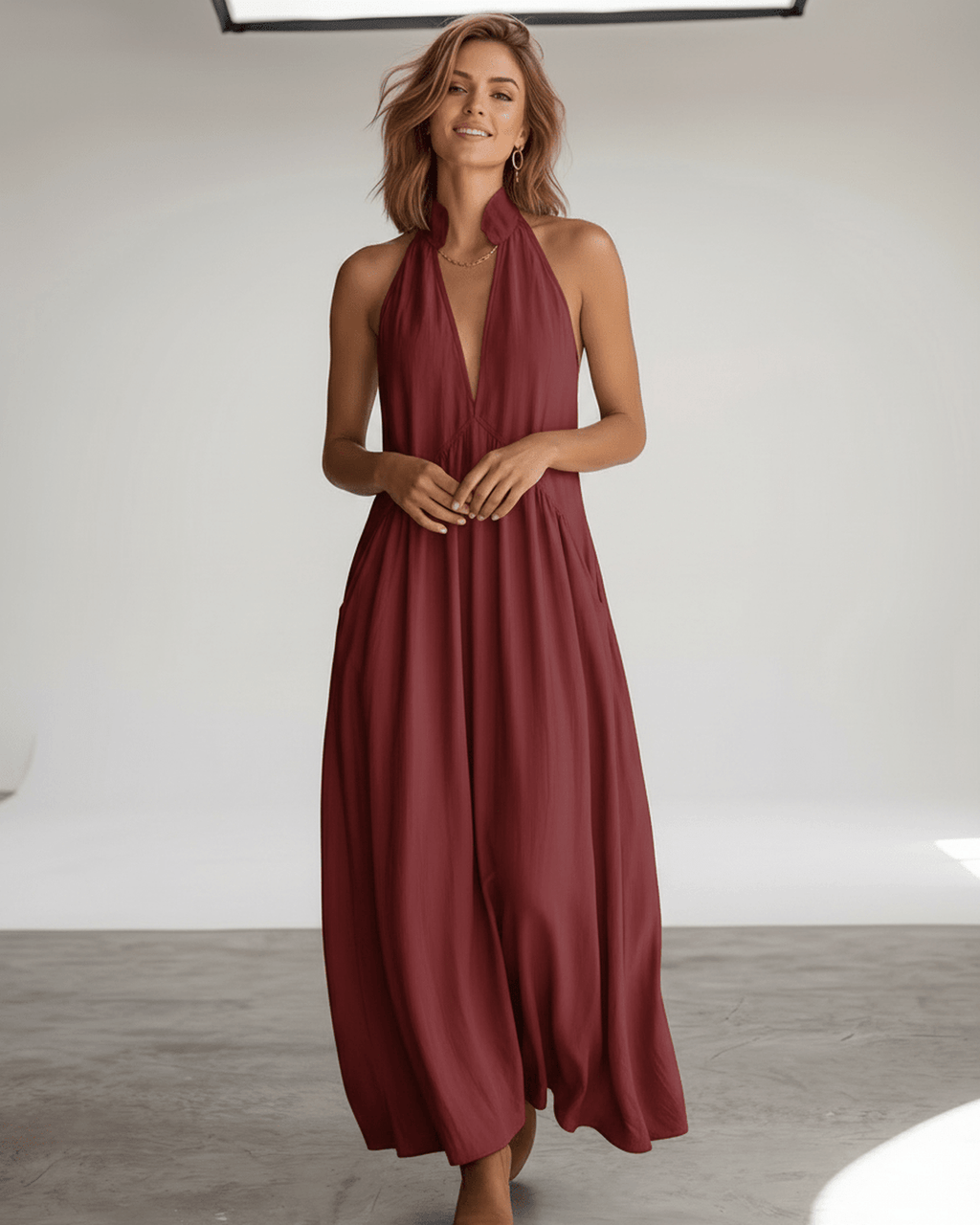 Aveline Maxi Dress by Lauven — lightweight sleeveless v neck halter loose maxi dress with pockets