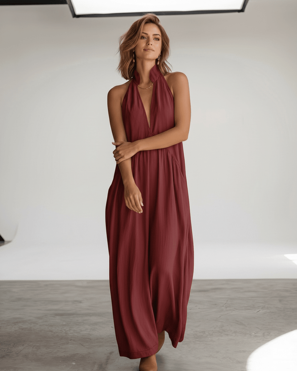 Aveline Maxi Dress by Lauven — lightweight sleeveless v neck halter loose maxi dress with pockets