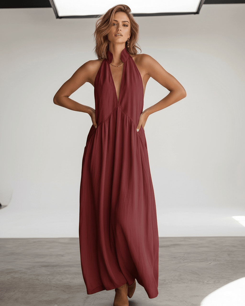 Aveline Maxi Dress by Lauven — lightweight sleeveless v neck halter loose maxi dress with pockets
