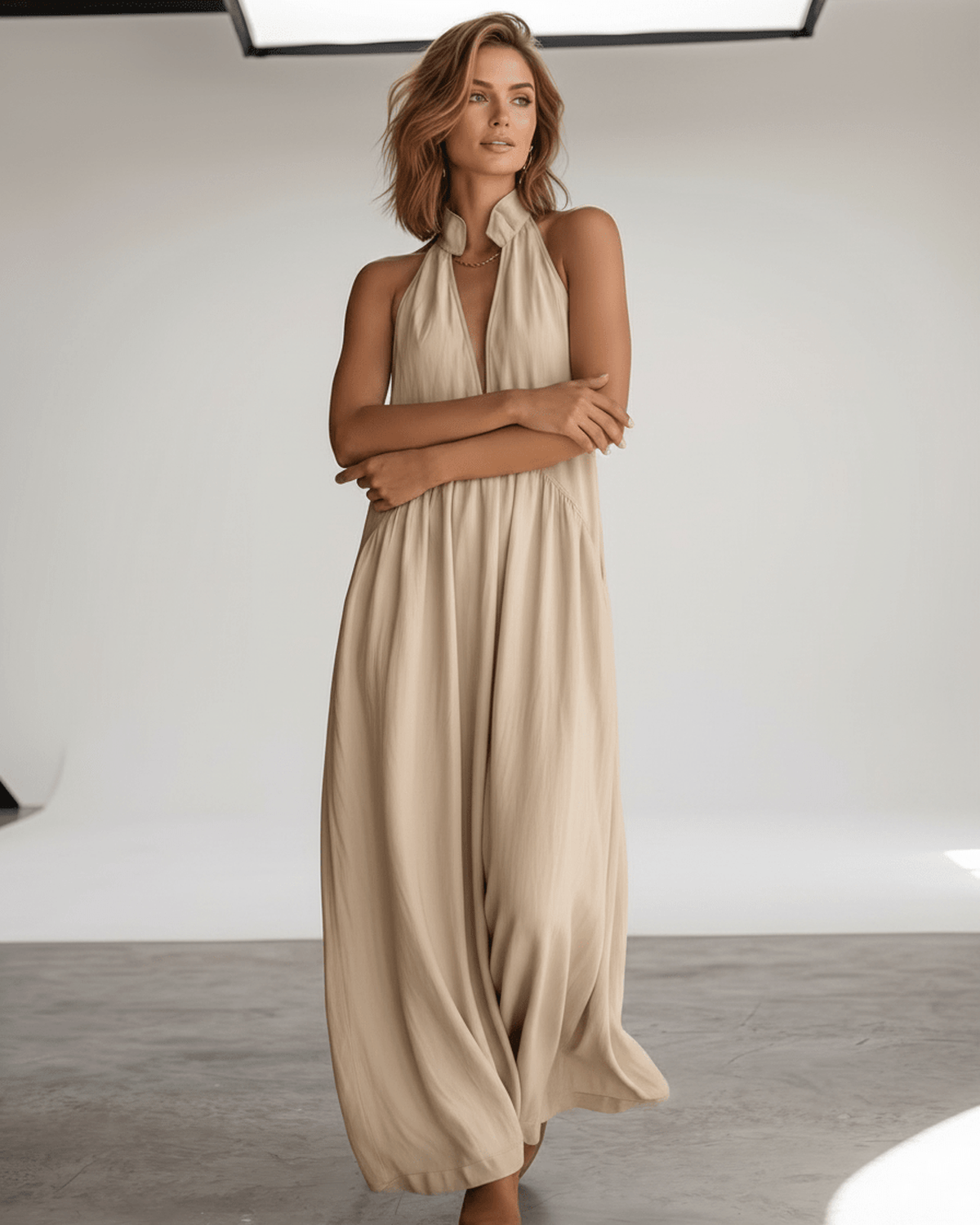Aveline Maxi Dress by Lauven — lightweight sleeveless v neck halter loose maxi dress with pockets