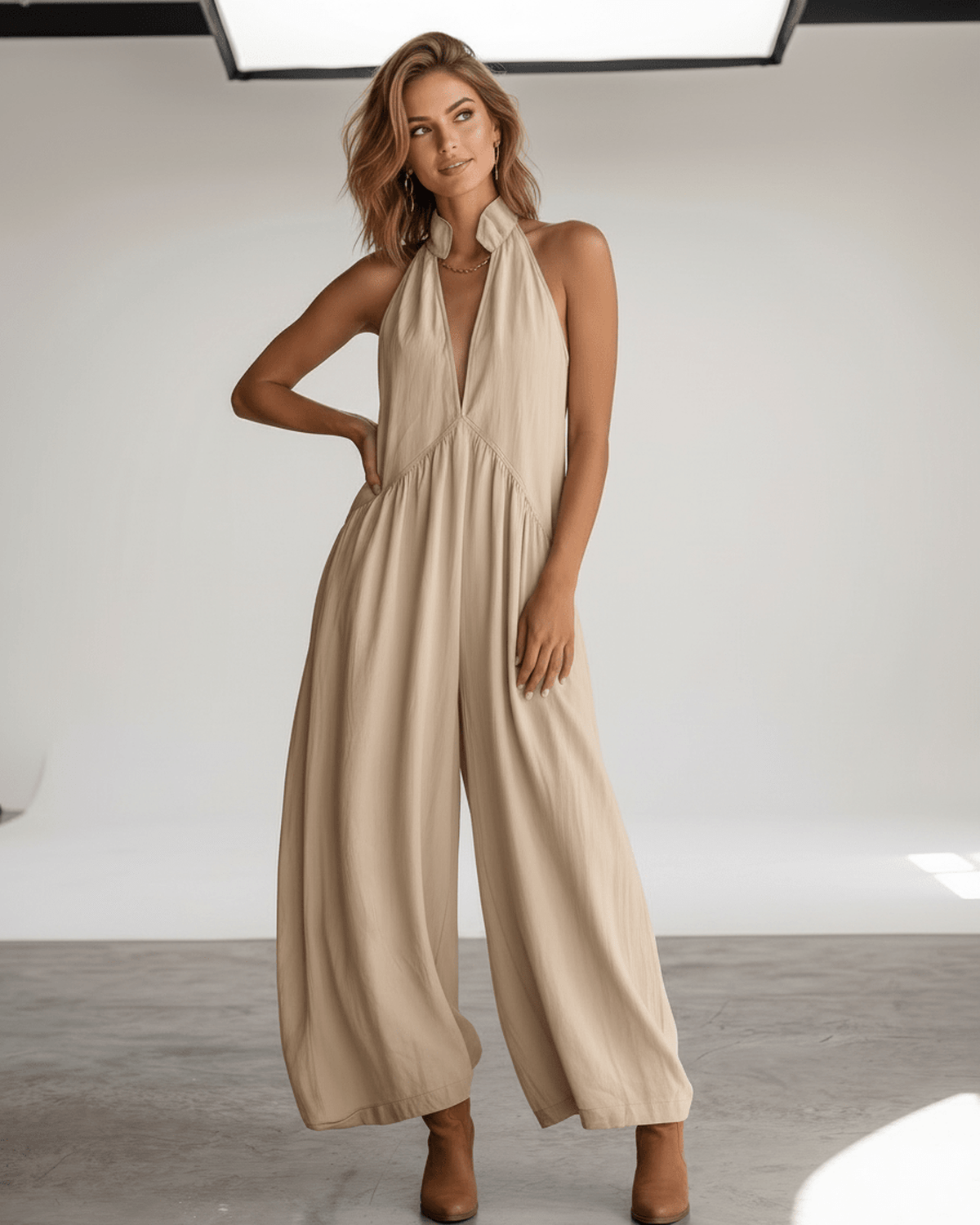 Aveline Maxi Dress by Lauven — lightweight sleeveless v neck halter loose maxi dress with pockets