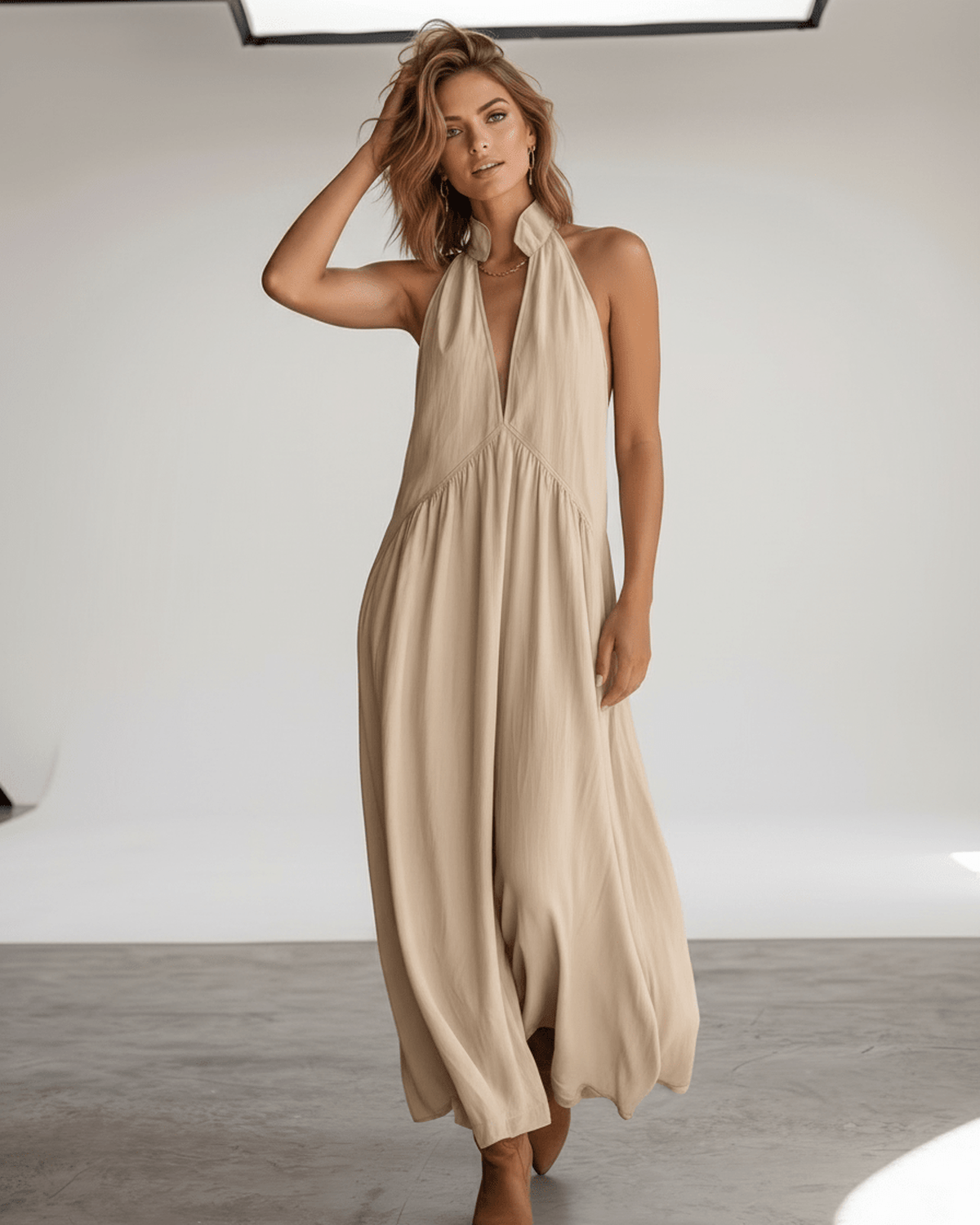 Aveline Maxi Dress by Lauven — lightweight sleeveless v neck halter loose maxi dress with pockets