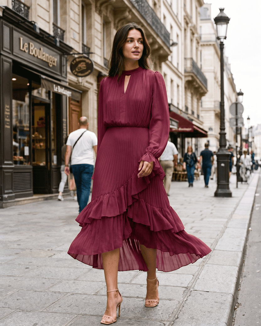 Elara Midi Dress by Lauven — red chiffon long sleeve keyhole neck A-line pleated midi dress