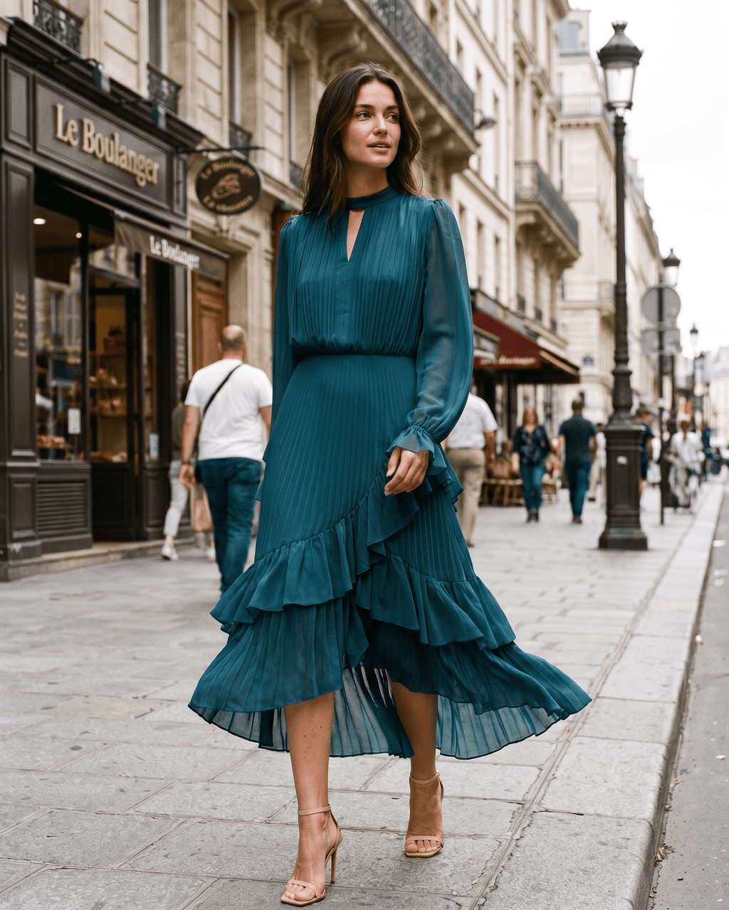 Elara Midi Dress by Lauven — green chiffon long sleeve keyhole neck A-line pleated midi dress
