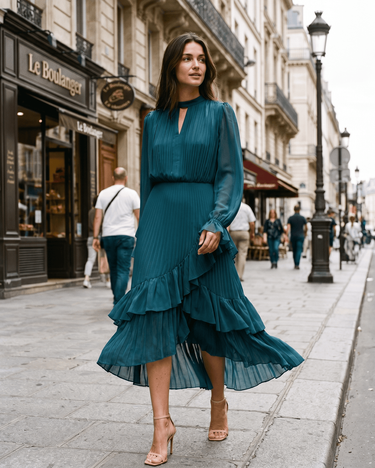 Elara Midi Dress by Lauven — green chiffon long sleeve keyhole neck A-line pleated midi dress
