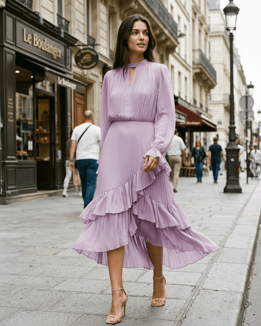 Elara Midi Dress by Lauven — lilac chiffon long sleeve keyhole neck A-line pleated midi dress