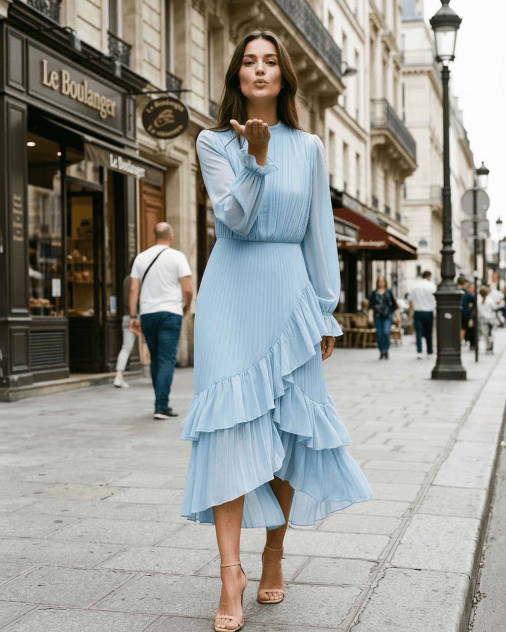 Elara Midi Dress by Lauven — chiffon long sleeve keyhole neck A-line pleated midi dress