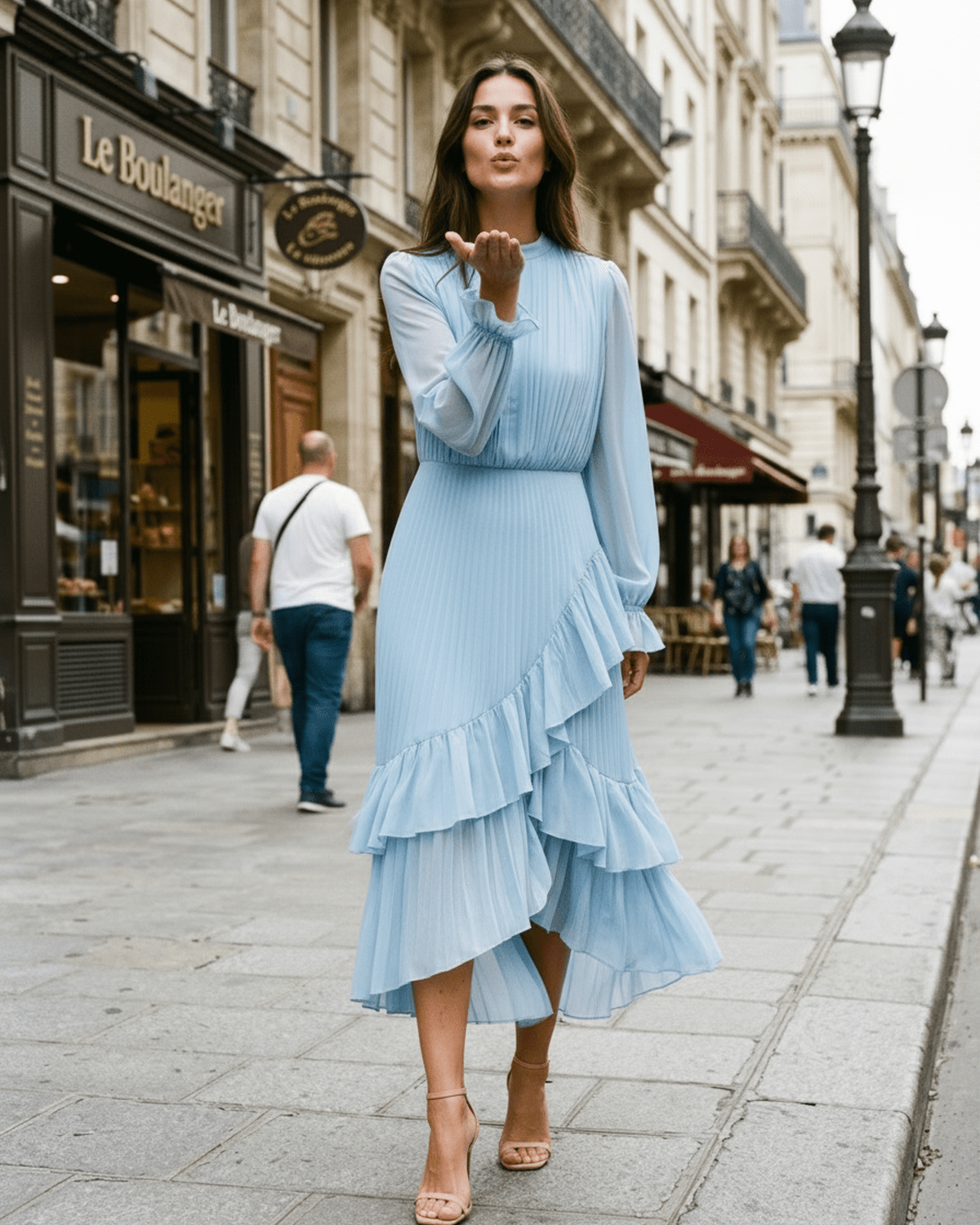 Elara Midi Dress by Lauven — chiffon long sleeve keyhole neck A-line pleated midi dress