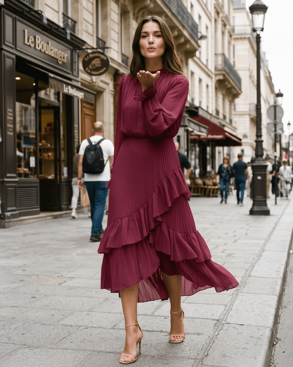 Elara Midi Dress by Lauven — chiffon long sleeve keyhole neck A-line pleated midi dress