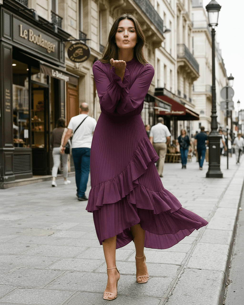 Elara Midi Dress by Lauven — chiffon long sleeve keyhole neck A-line pleated midi dress