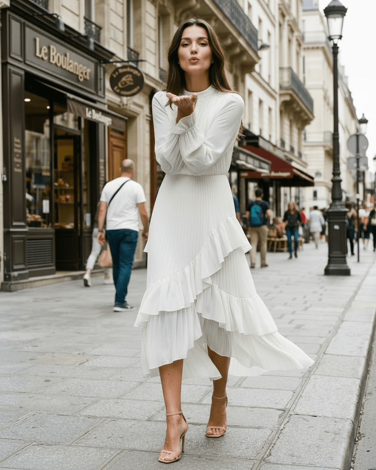 Elara Midi Dress by Lauven — chiffon long sleeve keyhole neck A-line pleated midi dress