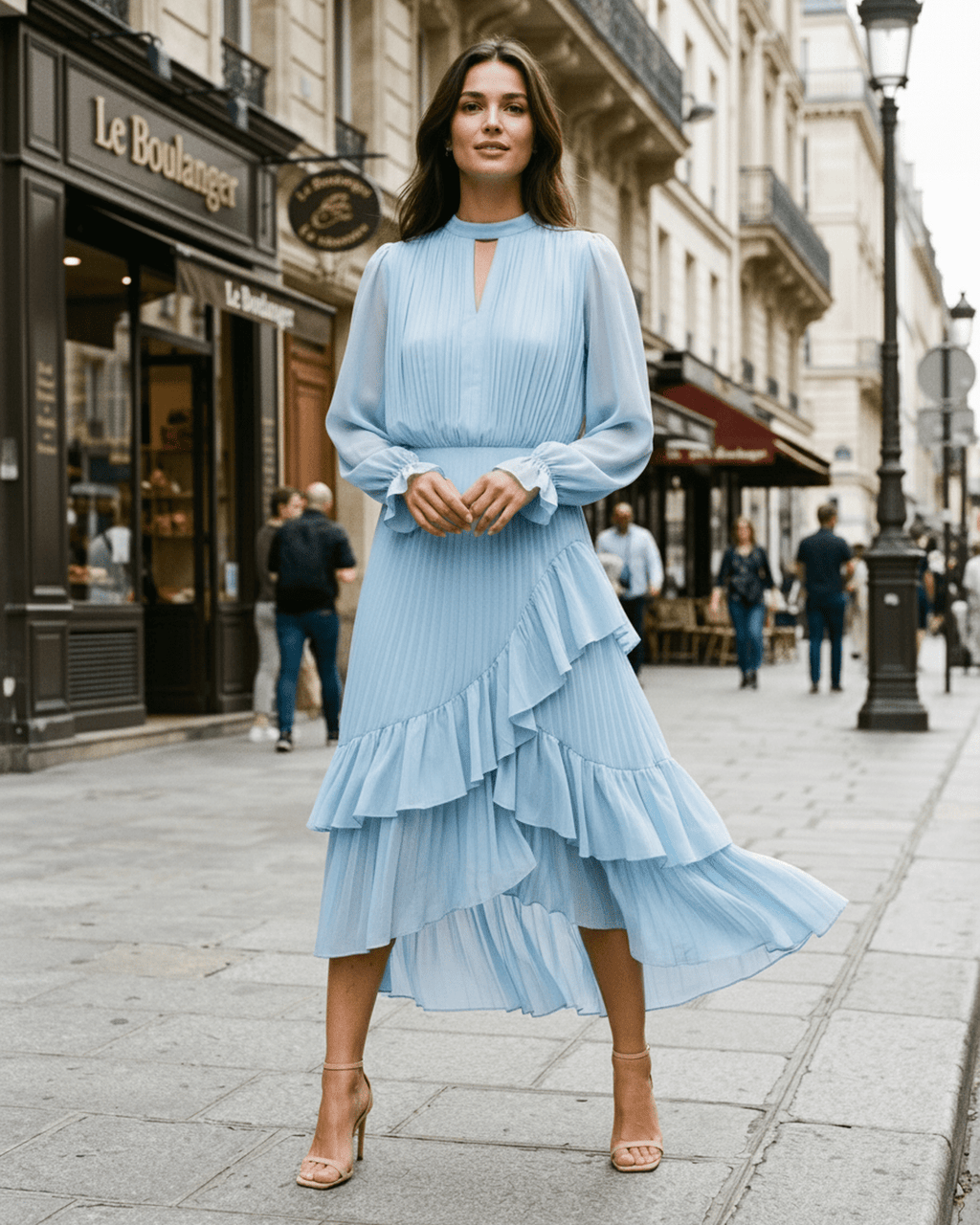 Elara Midi Dress by Lauven — chiffon long sleeve keyhole neck A-line pleated midi dress