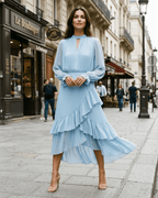Elara Midi Dress by Lauven — chiffon long sleeve keyhole neck A-line pleated midi dress