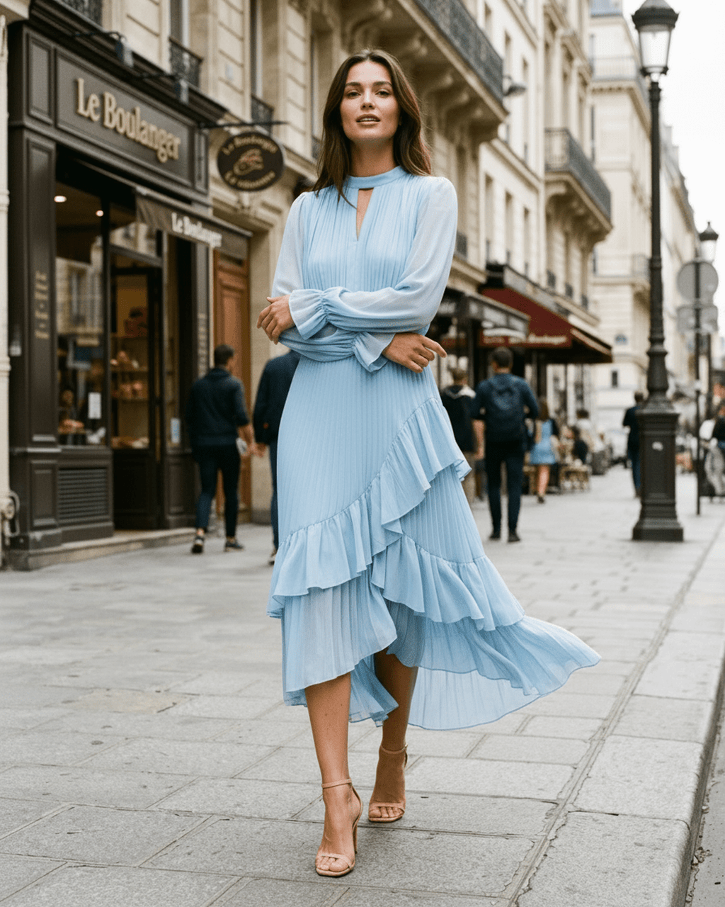 Elara Midi Dress by Lauven — chiffon long sleeve keyhole neck A-line pleated midi dress