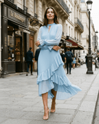 Elara Midi Dress by Lauven — chiffon long sleeve keyhole neck A-line pleated midi dress