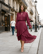Elara Midi Dress by Lauven — chiffon long sleeve keyhole neck A-line pleated midi dress