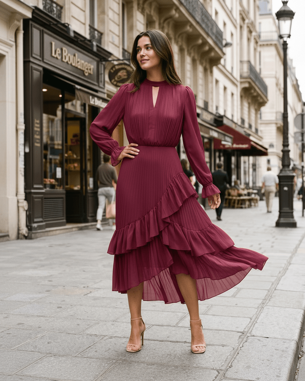 Elara Midi Dress by Lauven — chiffon long sleeve keyhole neck A-line pleated midi dress