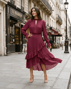 Elara Midi Dress by Lauven — chiffon long sleeve keyhole neck A-line pleated midi dress