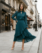Elara Midi Dress by Lauven — chiffon long sleeve keyhole neck A-line pleated midi dress