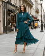 Elara Midi Dress by Lauven — chiffon long sleeve keyhole neck A-line pleated midi dress