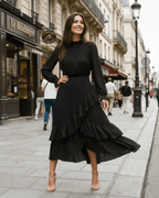Elara Midi Dress by Lauven — chiffon long sleeve keyhole neck A-line pleated midi dress