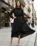 Elara Midi Dress by Lauven — chiffon long sleeve keyhole neck A-line pleated midi dress