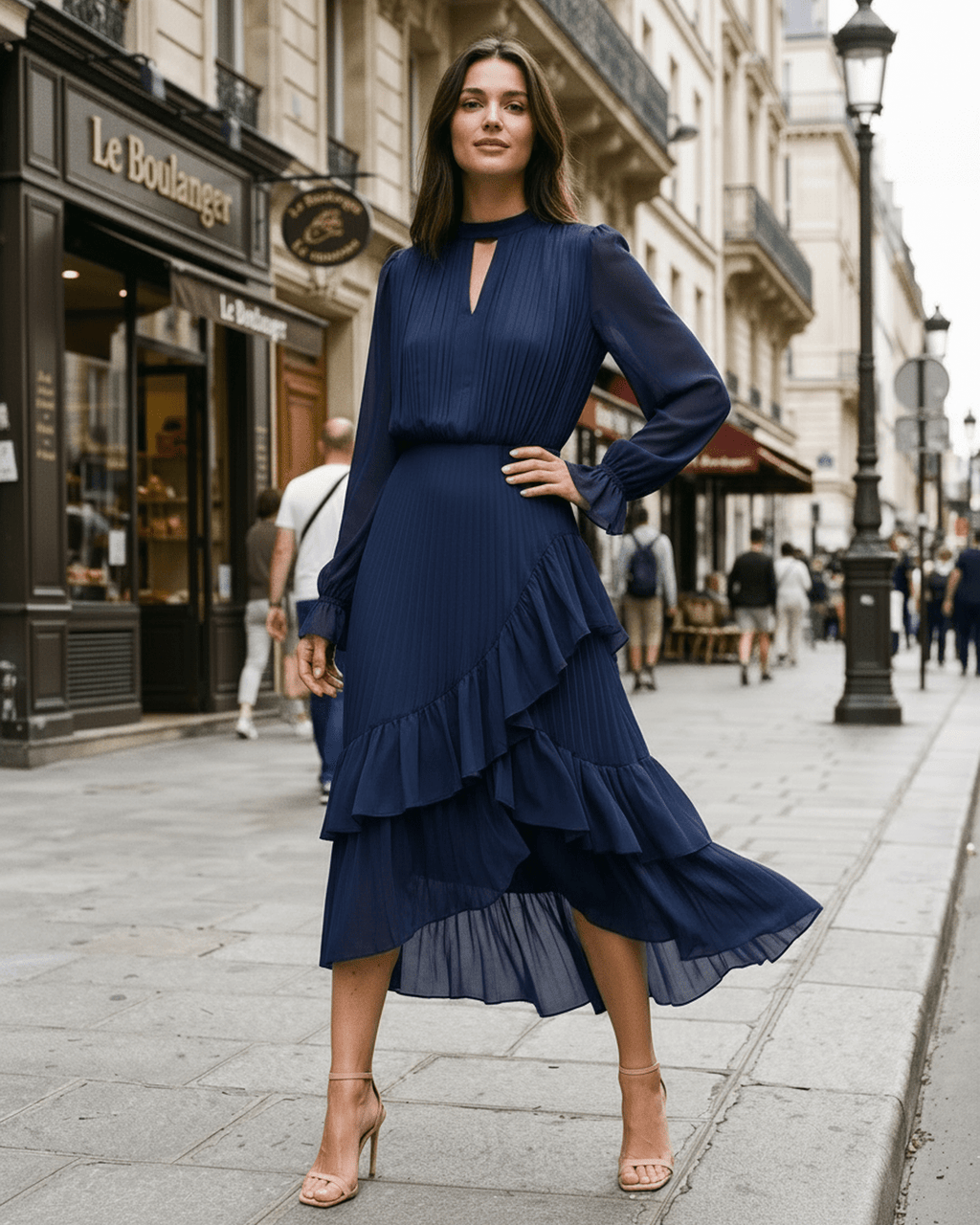 Elara Midi Dress by Lauven — chiffon long sleeve keyhole neck A-line pleated midi dress