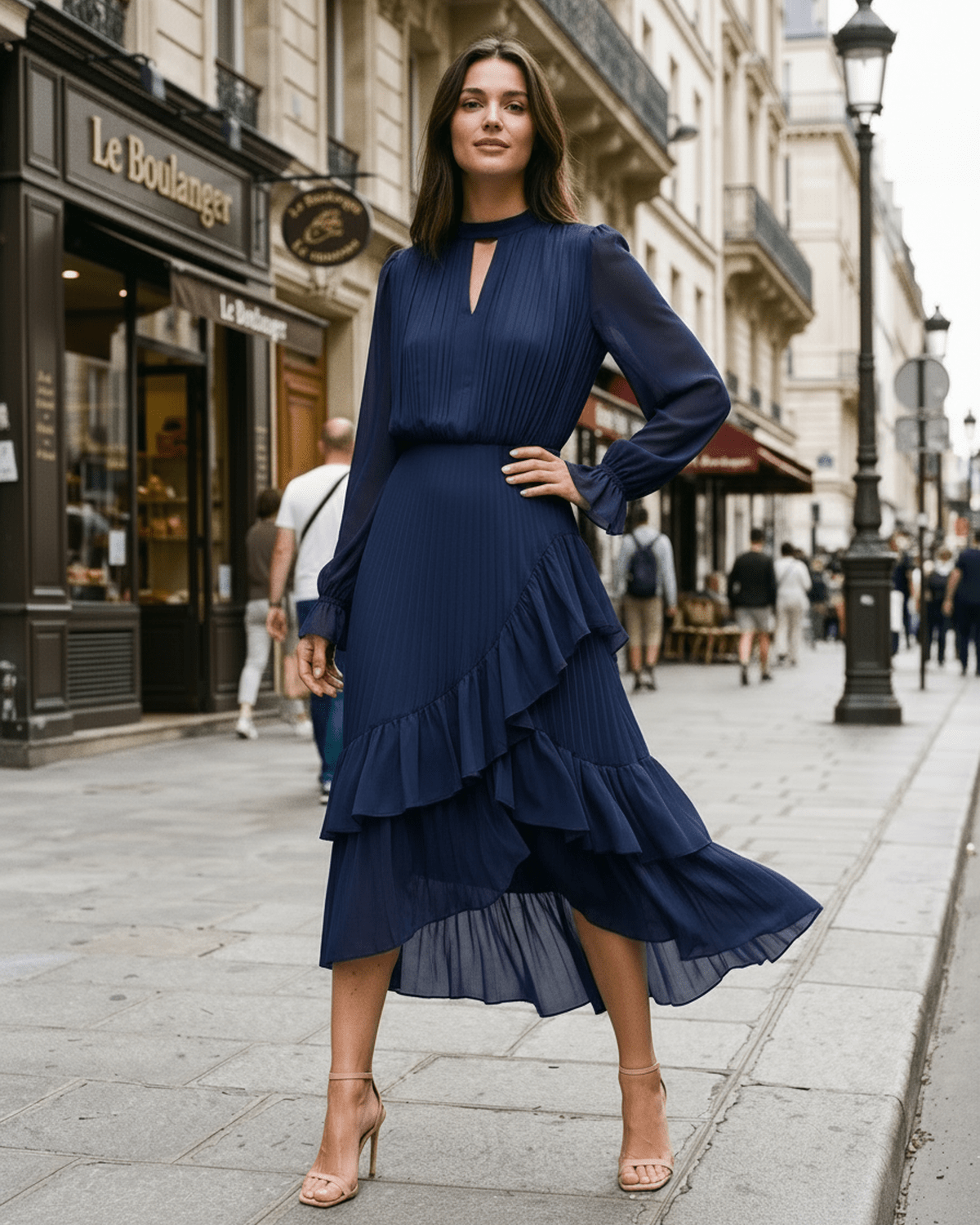 Elara Midi Dress by Lauven — chiffon long sleeve keyhole neck A-line pleated midi dress