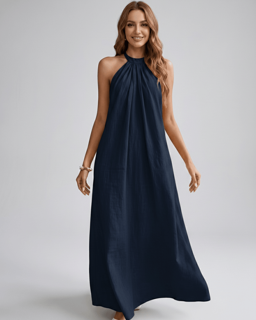 Lunara Maxi Dress by Lauven — navy cotton blend sleeveless halter neck loose fit maxi dress