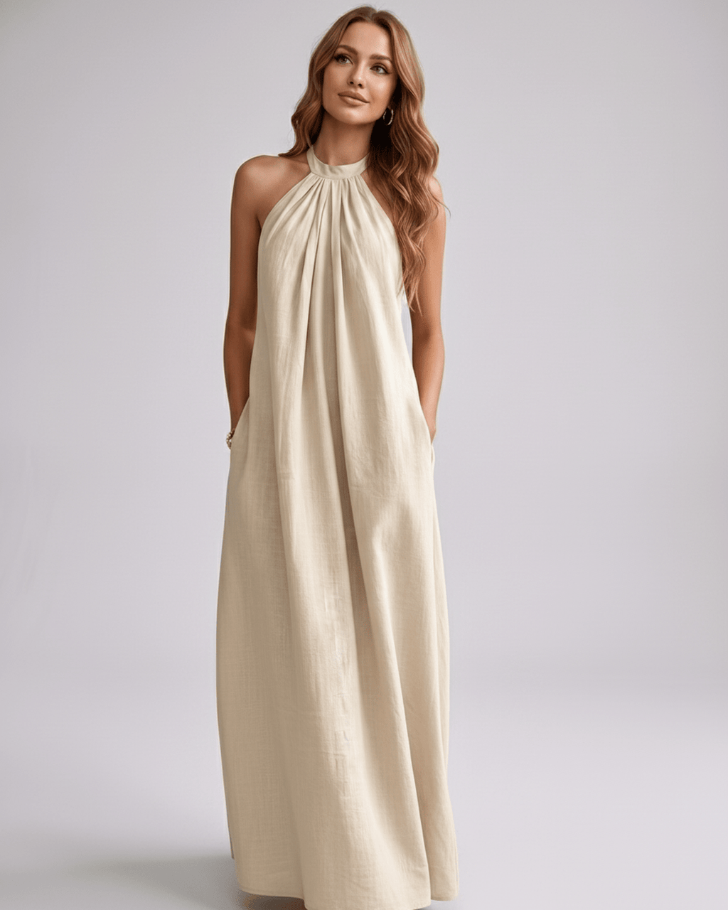 Lunara Maxi Dress by Lauven — cotton blend sleeveless halter neck loose fit maxi dress