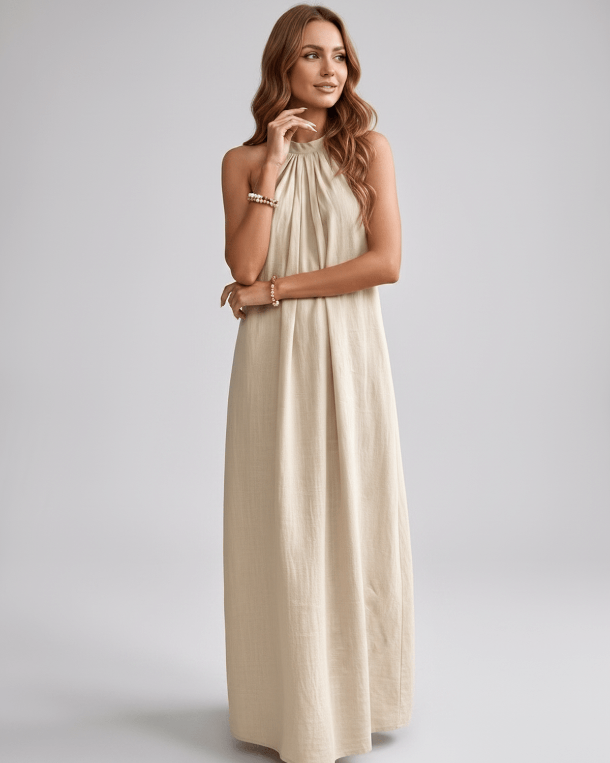 Lunara Maxi Dress by Lauven — cotton blend sleeveless halter neck loose fit maxi dress