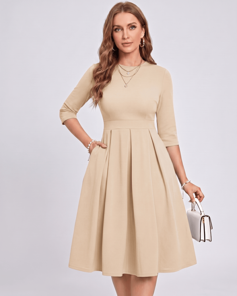 Aurielle Midi Dress by Lauven — beige polyester blend 3/4 sleeve crew neck A-line midi dress