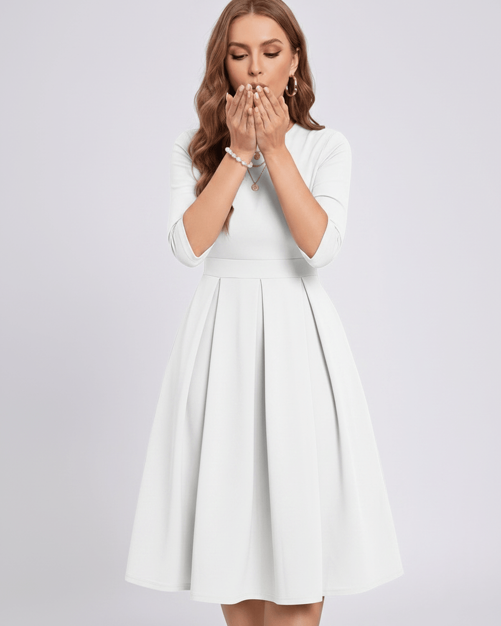 Aurielle Midi Dress by Lauven — polyester blend 3/4 sleeve crew neck A-line midi dress