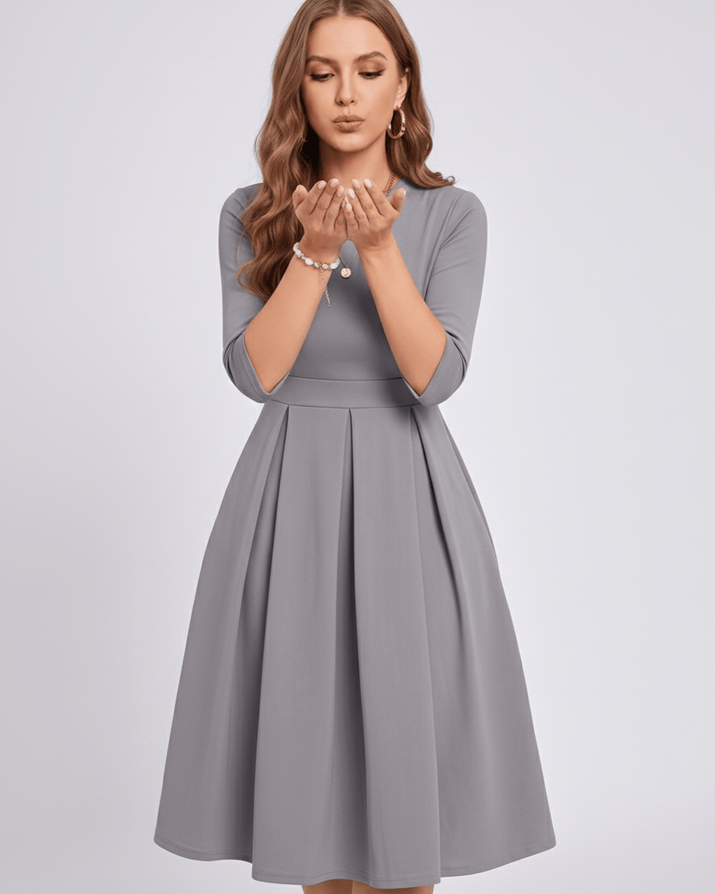 Aurielle Midi Dress by Lauven — polyester blend 3/4 sleeve crew neck A-line midi dress