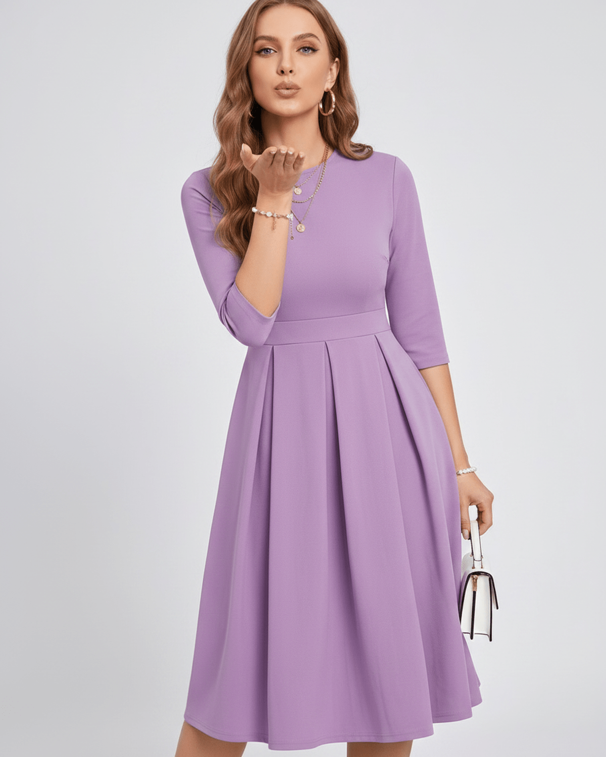 Aurielle Midi Dress by Lauven — polyester blend 3/4 sleeve crew neck A-line midi dress