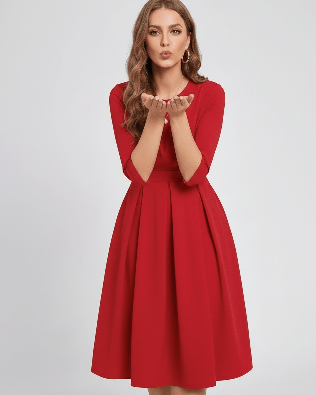 Aurielle Midi Dress by Lauven — polyester blend 3/4 sleeve crew neck A-line midi dress