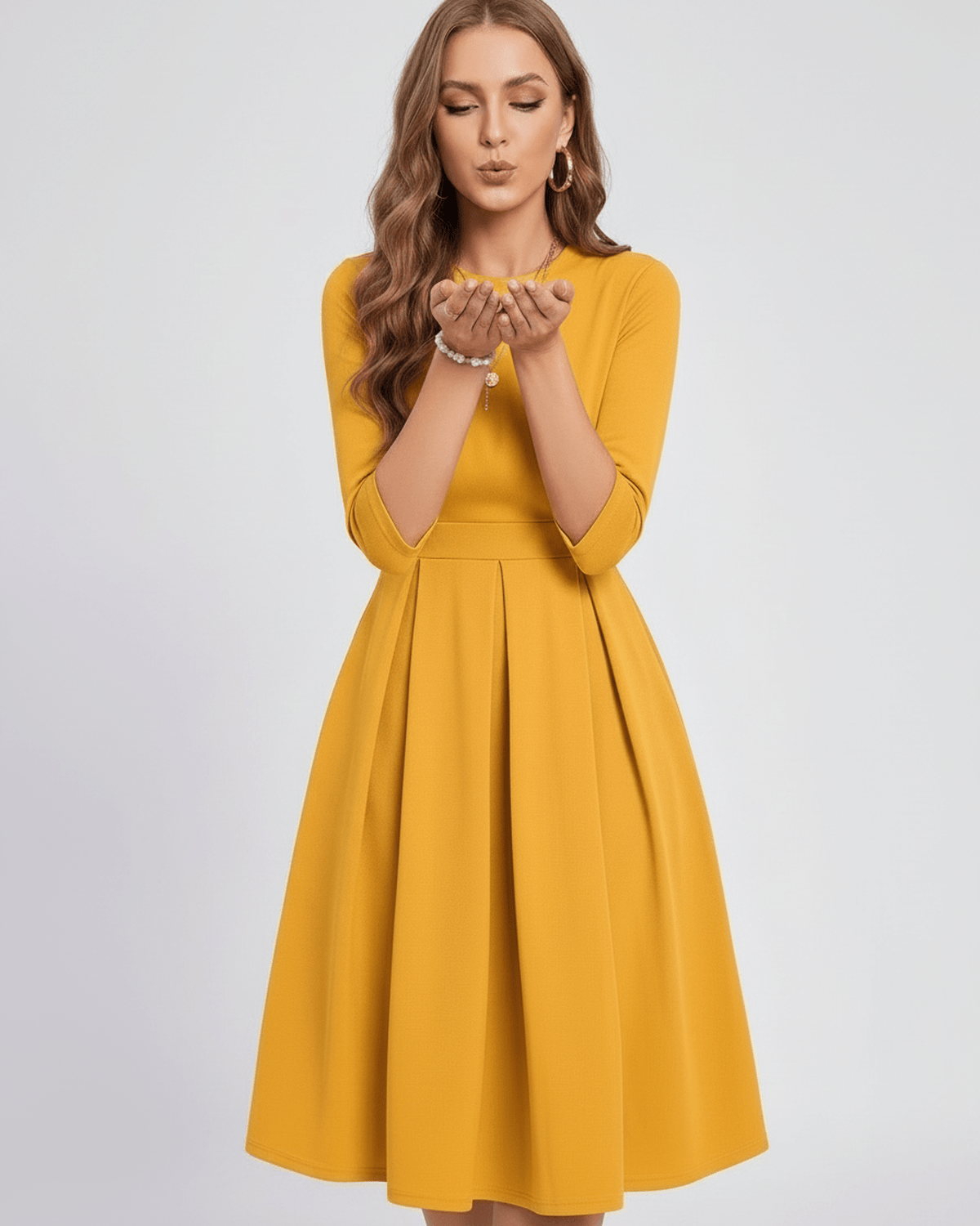 Aurielle Midi Dress by Lauven — polyester blend 3/4 sleeve crew neck A-line midi dress