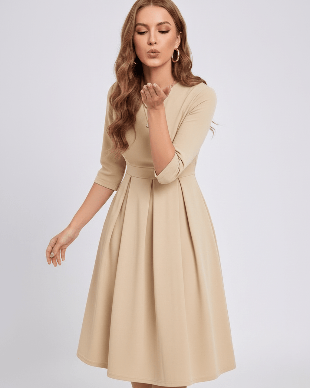 Aurielle Midi Dress by Lauven — polyester blend 3/4 sleeve crew neck A-line midi dress