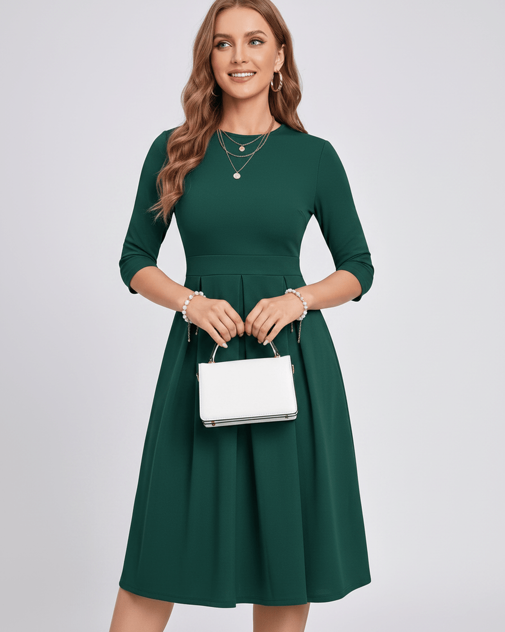 Aurielle Midi Dress by Lauven — polyester blend 3/4 sleeve crew neck A-line midi dress