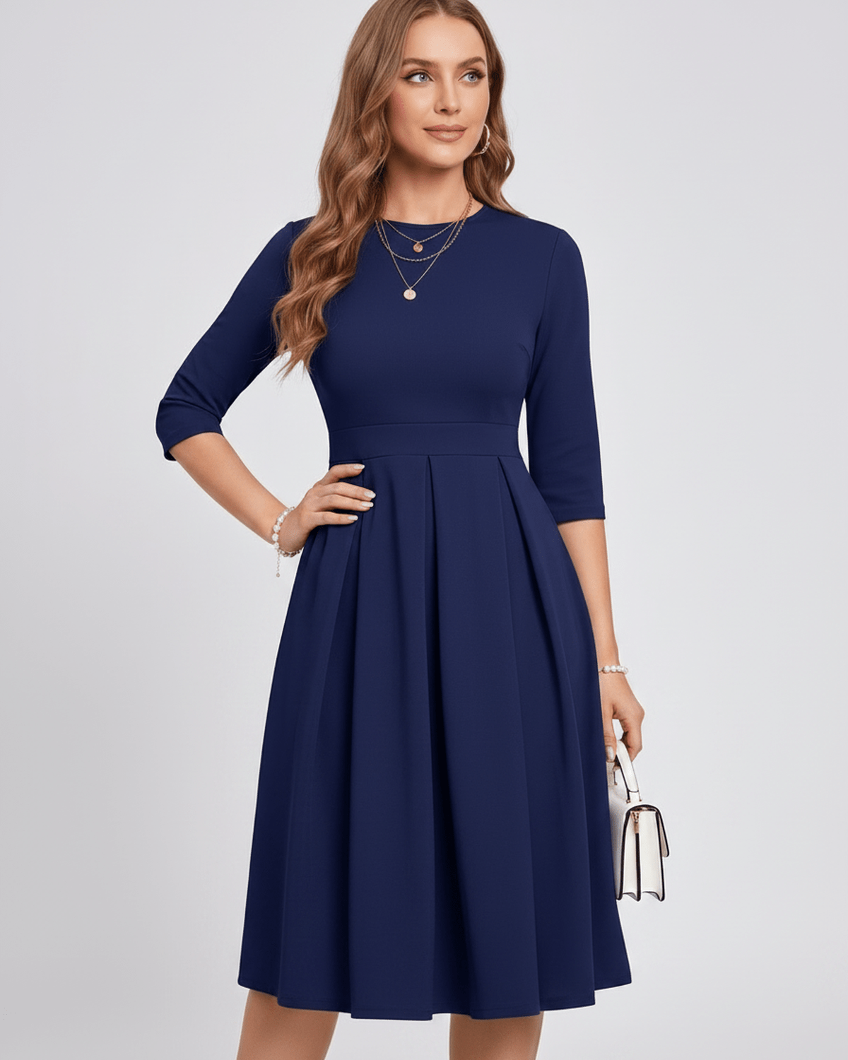 Aurielle Midi Dress by Lauven — polyester blend 3/4 sleeve crew neck A-line midi dress