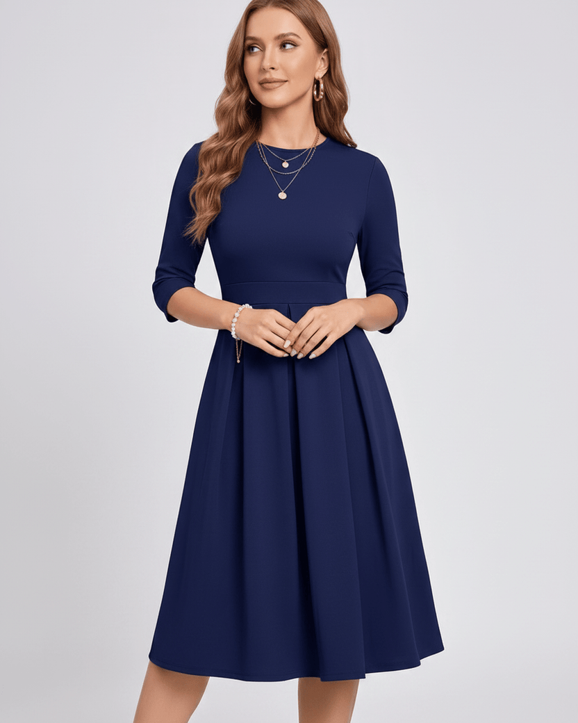 Aurielle Midi Dress by Lauven — polyester blend 3/4 sleeve crew neck A-line midi dress
