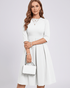 Aurielle Midi Dress by Lauven — polyester blend 3/4 sleeve crew neck A-line midi dress