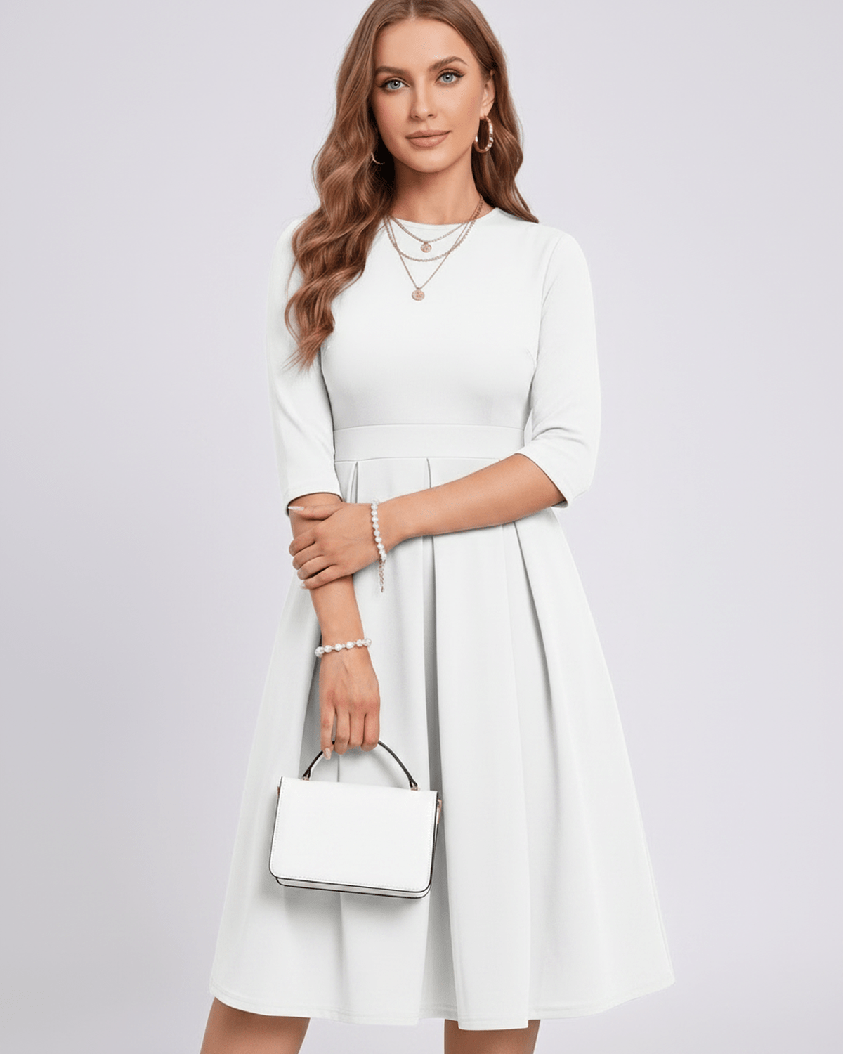 Aurielle Midi Dress by Lauven — polyester blend 3/4 sleeve crew neck A-line midi dress