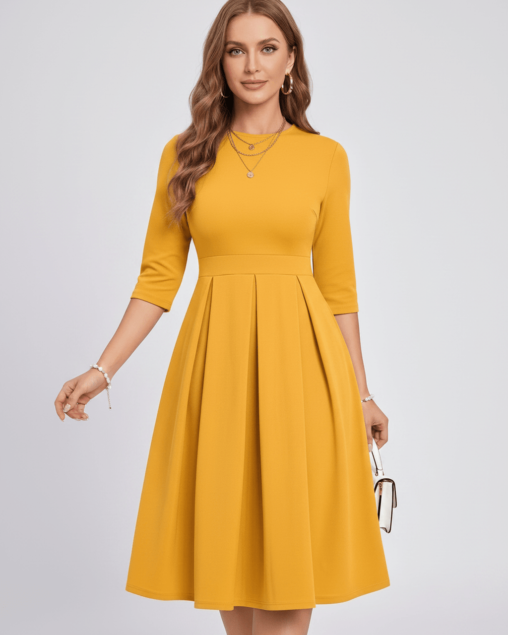 Aurielle Midi Dress by Lauven — polyester blend 3/4 sleeve crew neck A-line midi dress