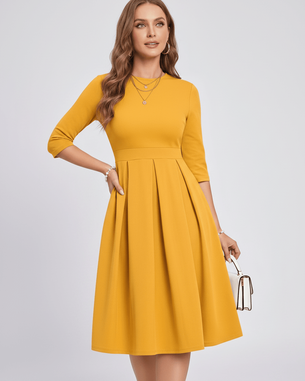 Aurielle Midi Dress by Lauven — polyester blend 3/4 sleeve crew neck A-line midi dress