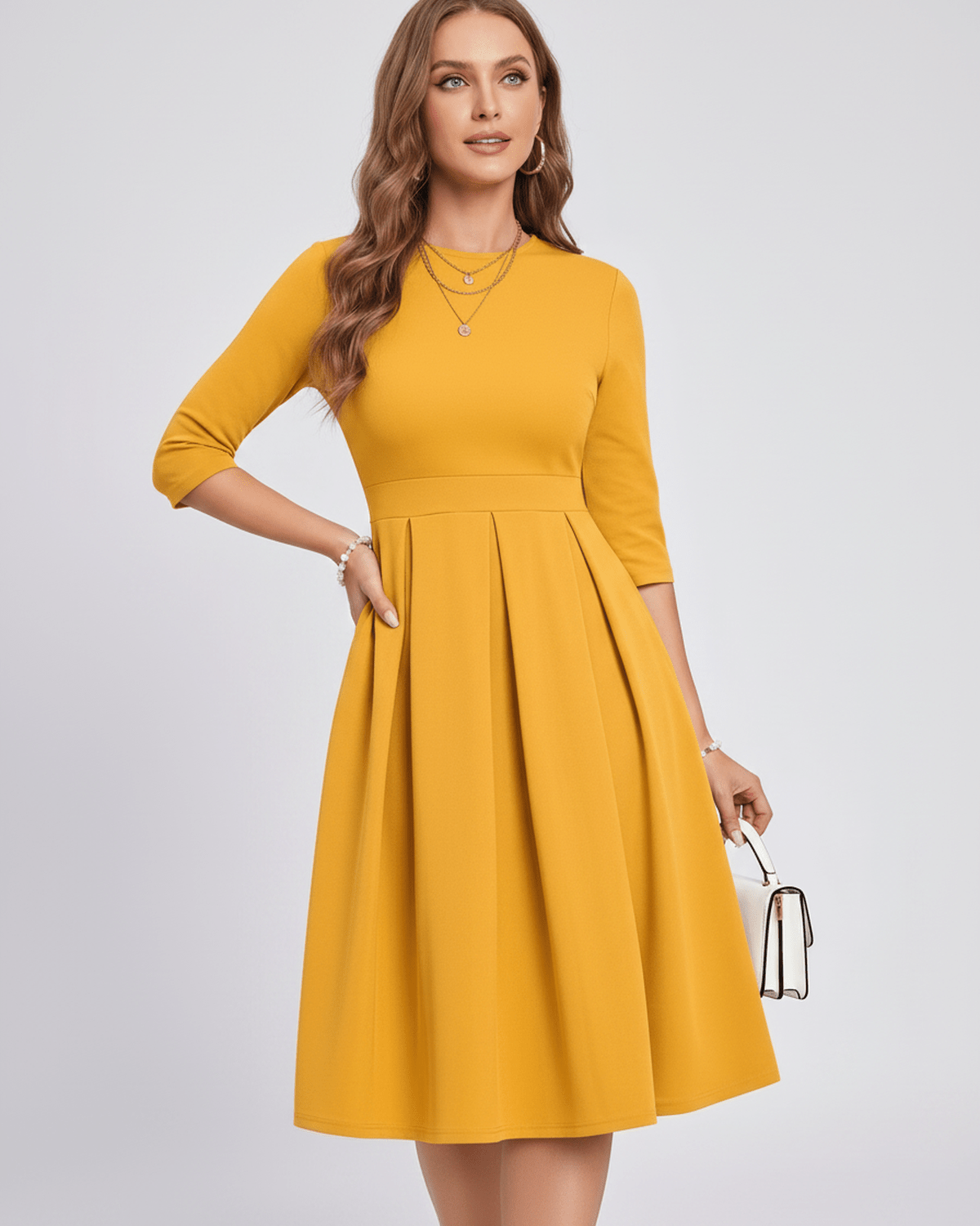 Aurielle Midi Dress by Lauven — polyester blend 3/4 sleeve crew neck A-line midi dress