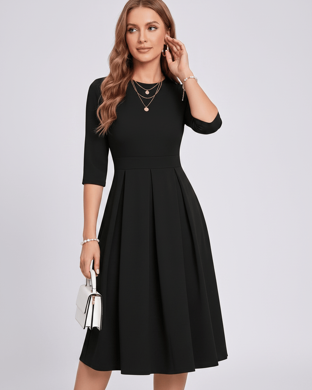 Aurielle Midi Dress by Lauven — polyester blend 3/4 sleeve crew neck A-line midi dress