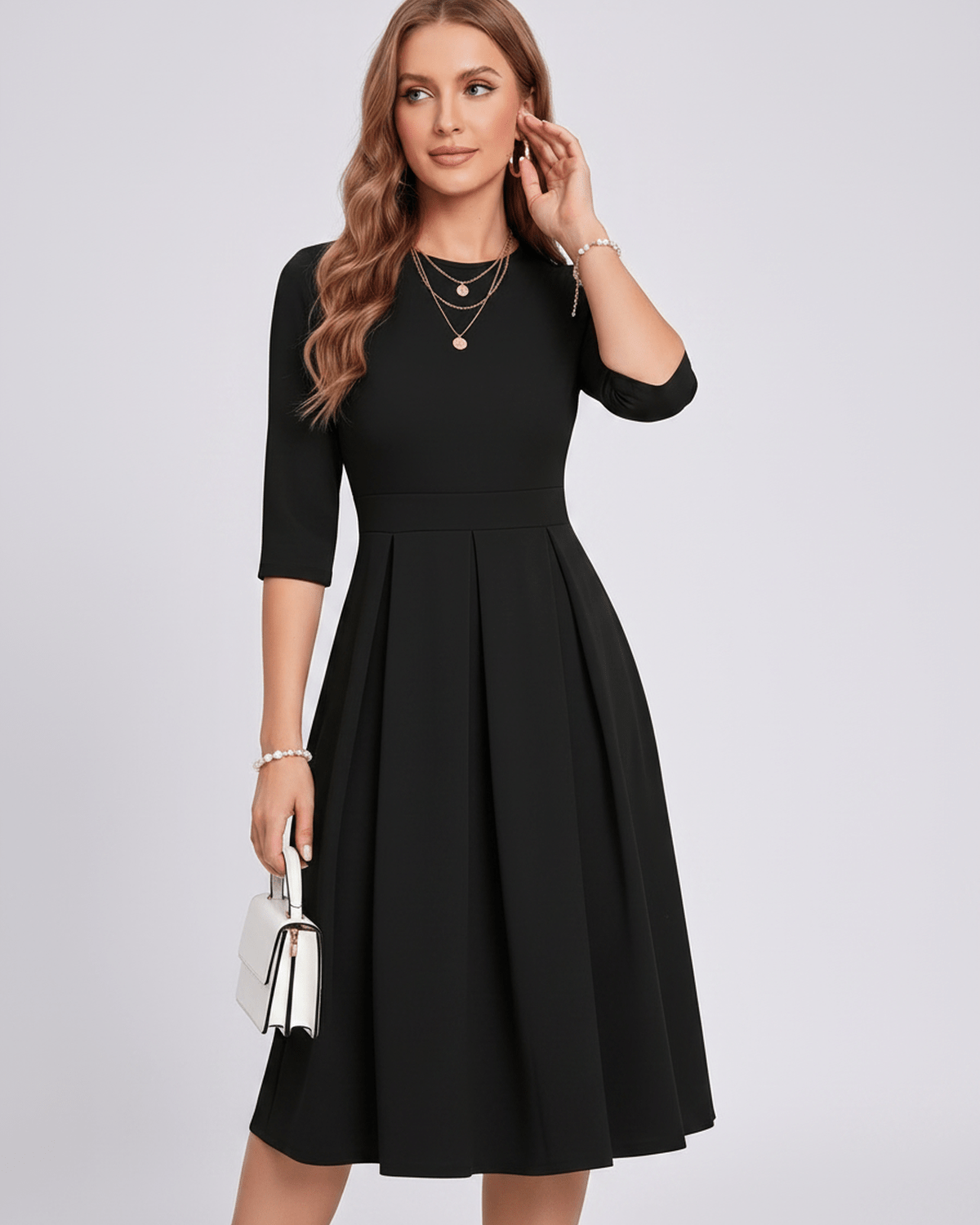 Aurielle Midi Dress by Lauven — polyester blend 3/4 sleeve crew neck A-line midi dress